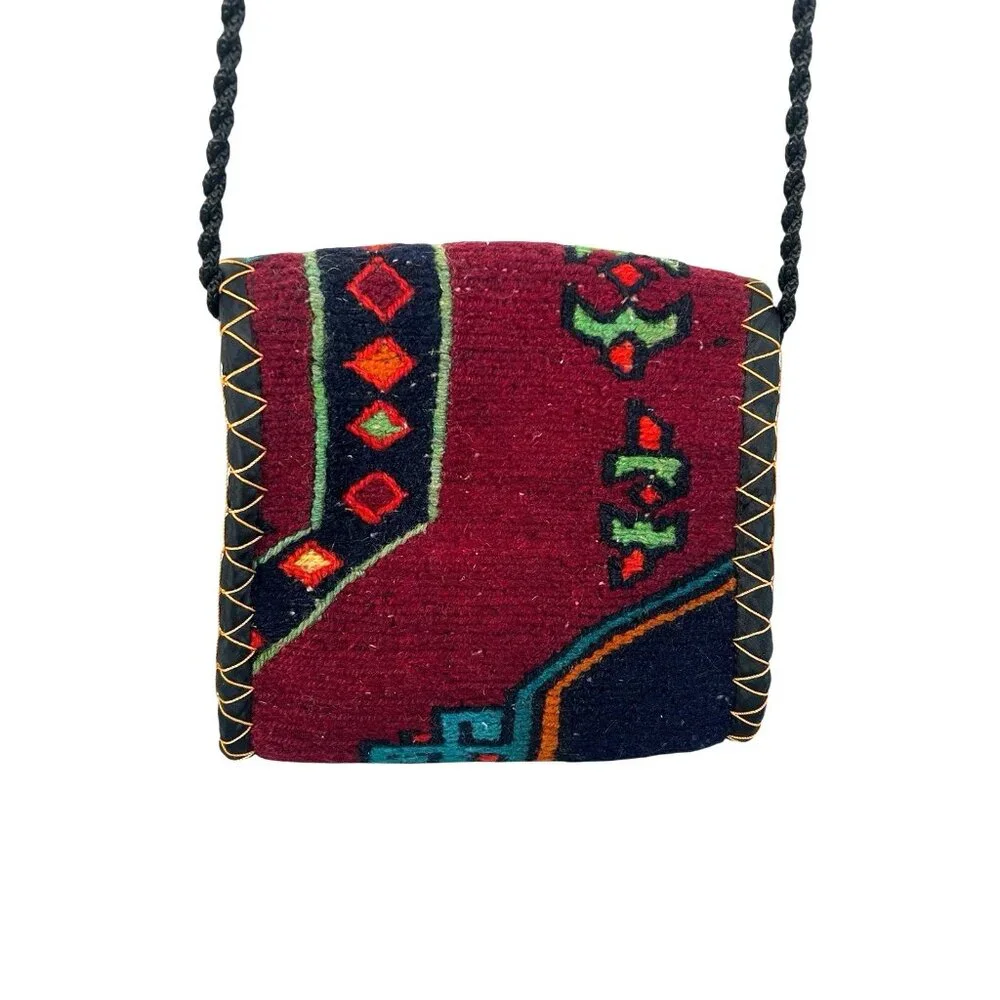 vtg Persian gilim hand woven wool kilim tribal messenger rug‎ bag sz M